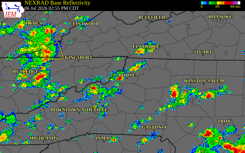 NEXRAD radar during the Monday, July 6, 2026 storm activity in Watauga County, North Carolina