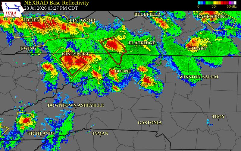 NEXRAD radar during the Tuesday, July 28, 2026 storm activity in Watauga County, North Carolina