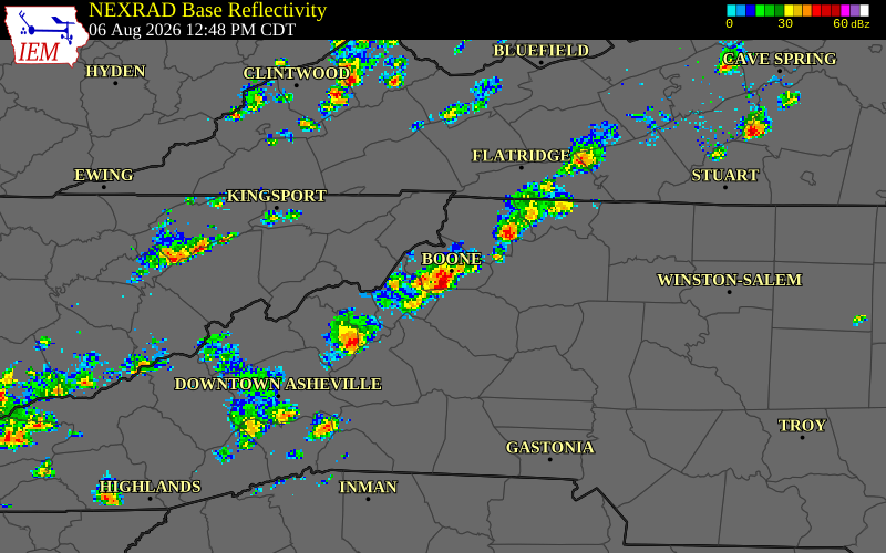 NEXRAD radar during the Thursday, August 6, 2026 storm activity in Watauga County, North Carolina