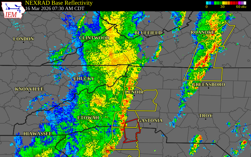 Radar snapshot during the Mar 16, 2026 wind event near 1 E Silverstone, Watauga County, North Carolina, with NWS warning polygons