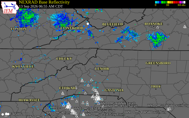 Current NEXRAD radar over Watauga County, North Carolina with recent storm report locations