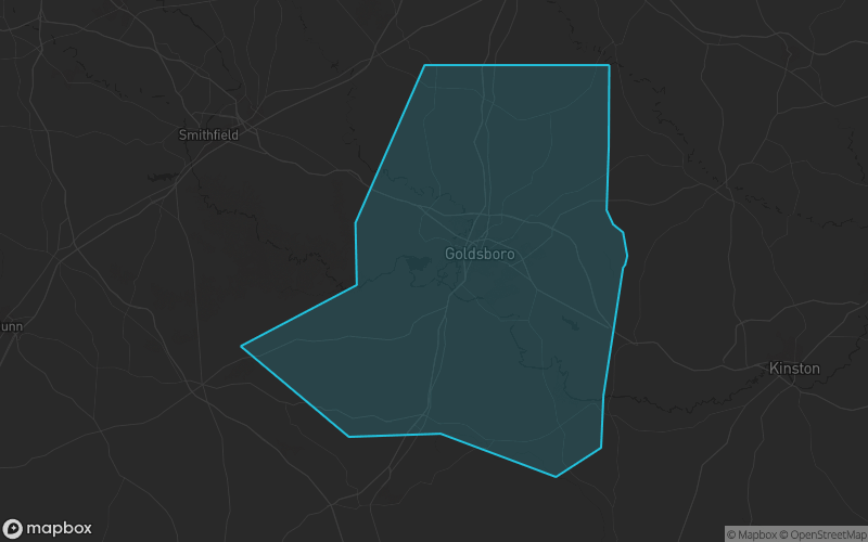 Map of Wayne County, North Carolina showing the county boundary and surrounding cities