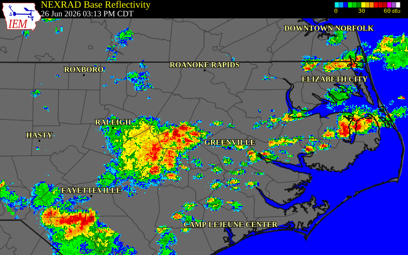 NEXRAD radar during the Friday, June 26, 2026 storm activity in Wayne County, North Carolina