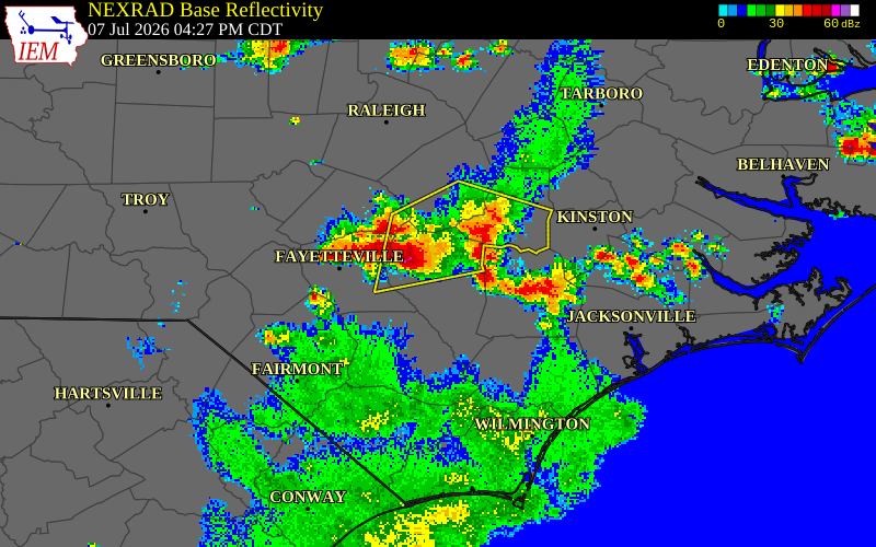 NEXRAD radar during the Tuesday, July 7, 2026 storm activity in Wayne County, North Carolina