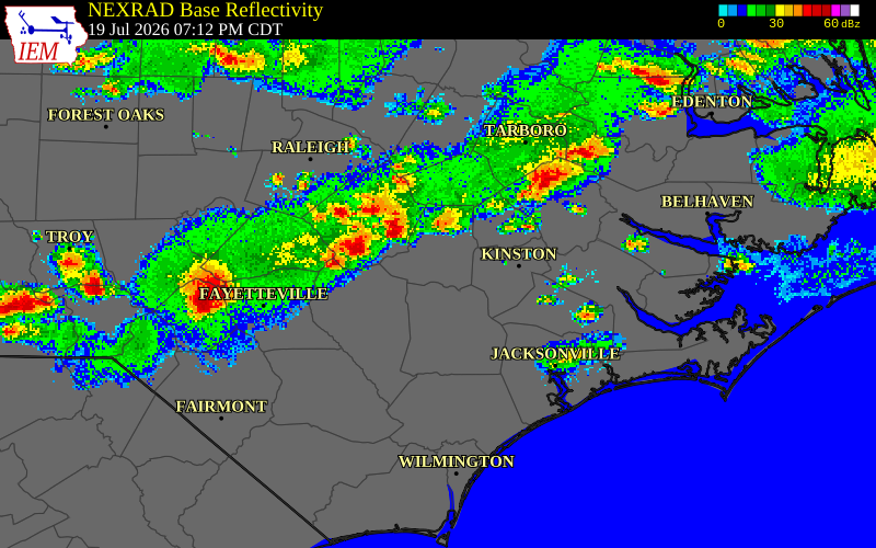 NEXRAD radar during the Sunday, July 19, 2026 storm activity in Wayne County, North Carolina