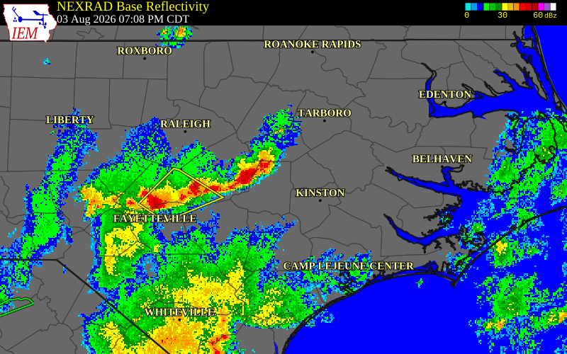 NEXRAD radar during the Monday, August 3, 2026 storm activity in Wayne County, North Carolina