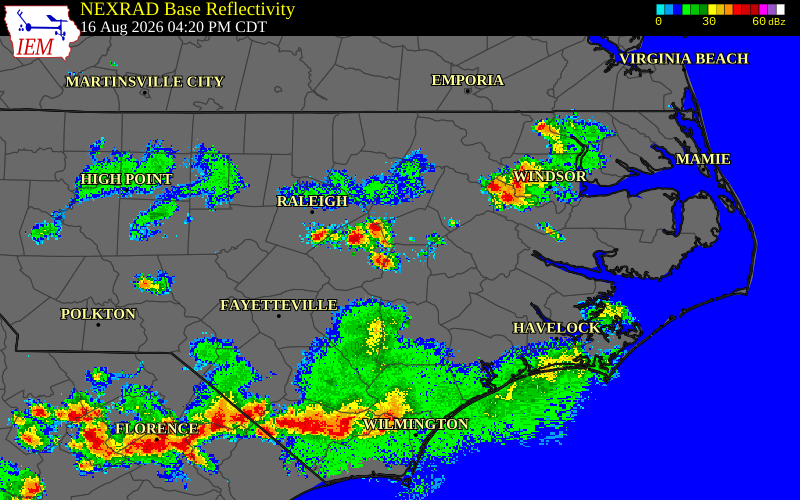 Radar snapshot during the Aug 3, 2026 wind event near Wayne County, Wayne County, North Carolina, with NWS warning polygons