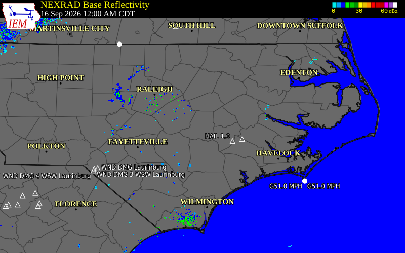Current NEXRAD radar over Wayne County, North Carolina with recent storm report locations