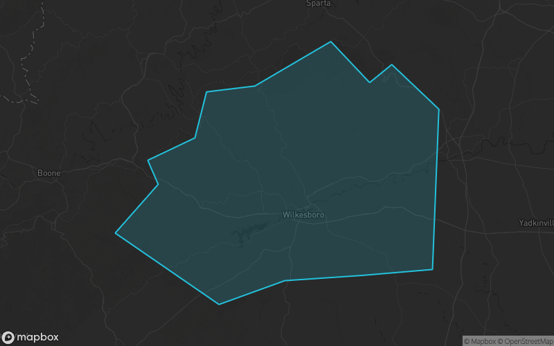 Map of Wilkes County, North Carolina showing the county boundary and surrounding cities