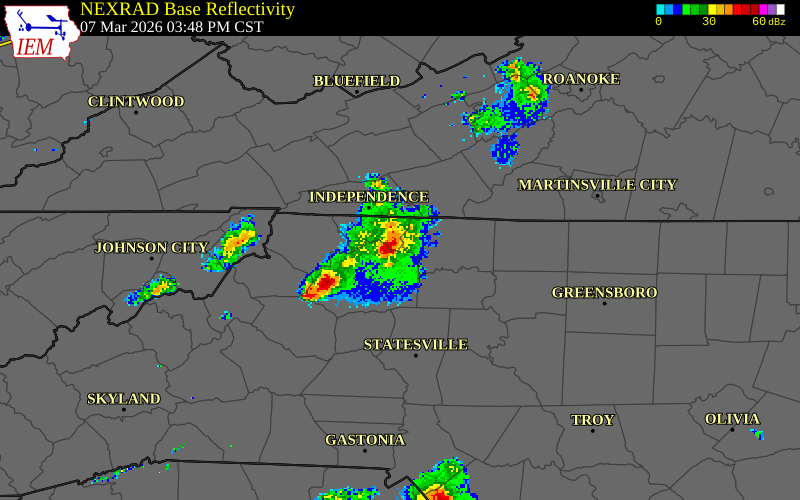NEXRAD radar during the Saturday, March 7, 2026 storm activity in Wilkes County, North Carolina