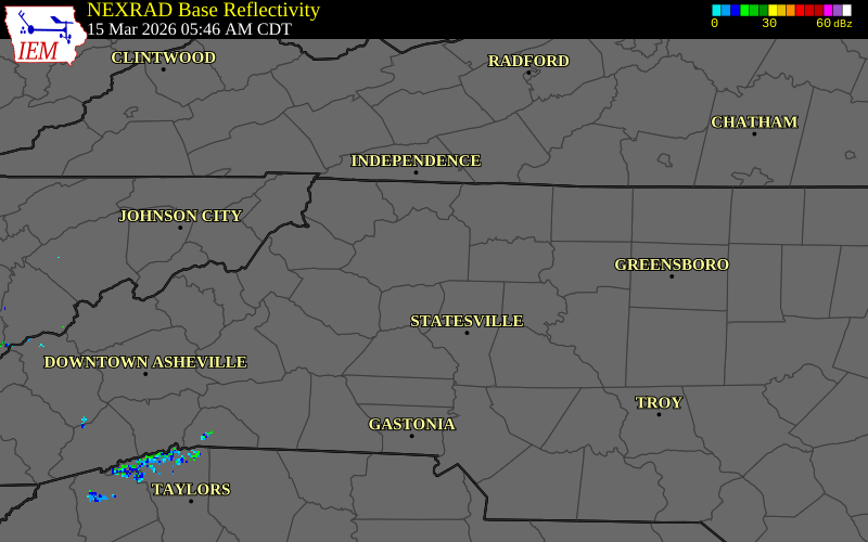 NEXRAD radar during the Sunday, March 15, 2026 storm activity in Wilkes County, North Carolina