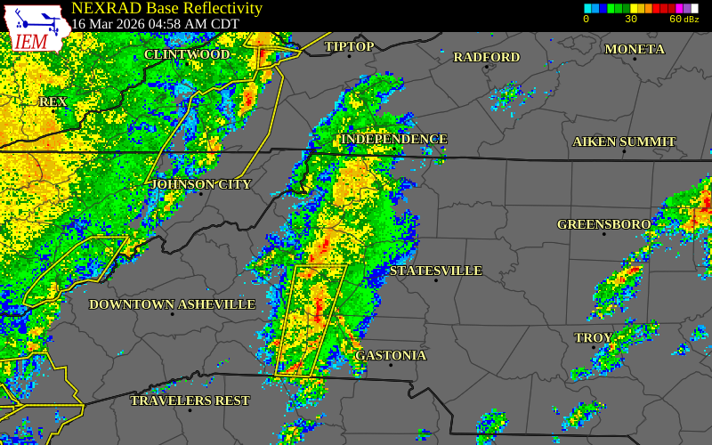 NEXRAD radar during the Monday, March 16, 2026 storm activity in Wilkes County, North Carolina