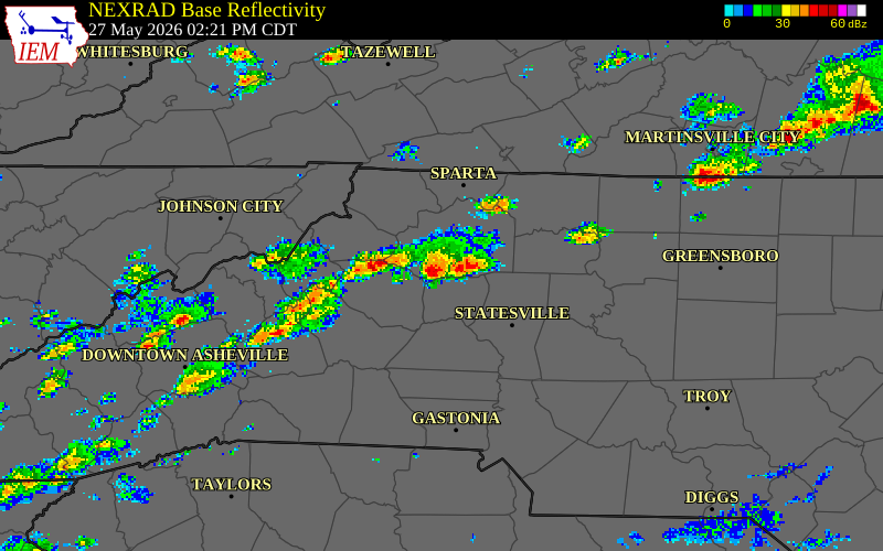 NEXRAD radar during the Wednesday, May 27, 2026 storm activity in Wilkes County, North Carolina