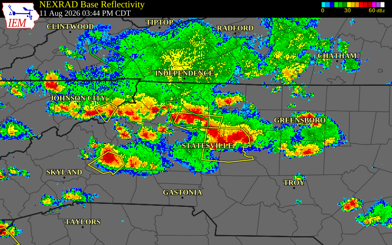 NEXRAD radar during the Tuesday, August 11, 2026 storm activity in Wilkes County, North Carolina