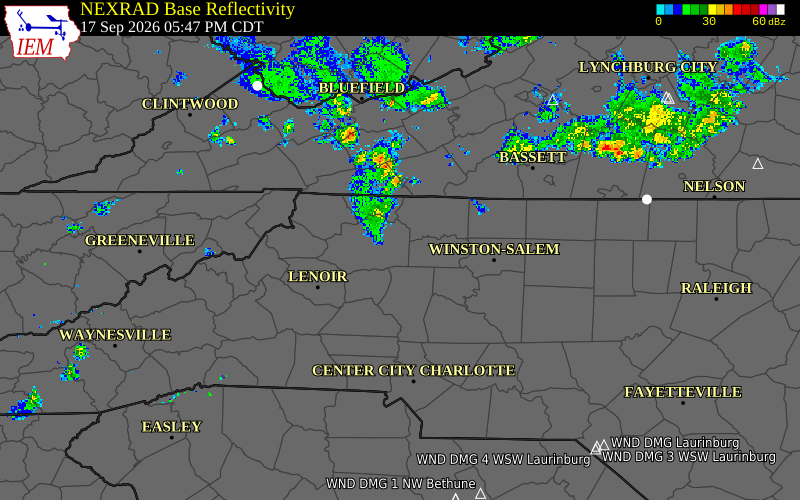 Current NEXRAD radar over Wilkes County, North Carolina with recent storm report locations