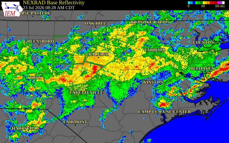 NEXRAD radar during the Thursday, July 23, 2026 storm activity in Wilson County, North Carolina