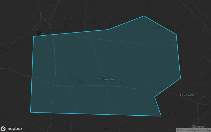 Map of Yadkin County, North Carolina showing the county boundary and surrounding cities