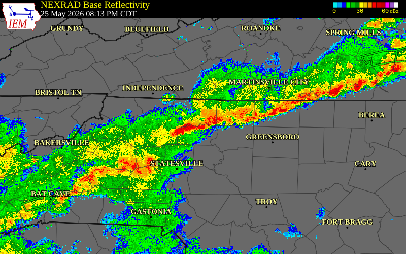 NEXRAD radar during the Monday, May 25, 2026 storm activity in Yadkin County, North Carolina