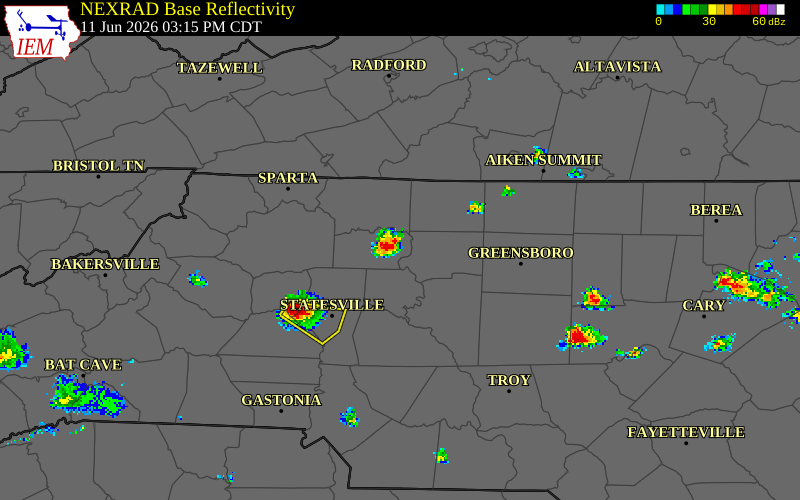 NEXRAD radar during the Thursday, June 11, 2026 storm activity in Yadkin County, North Carolina