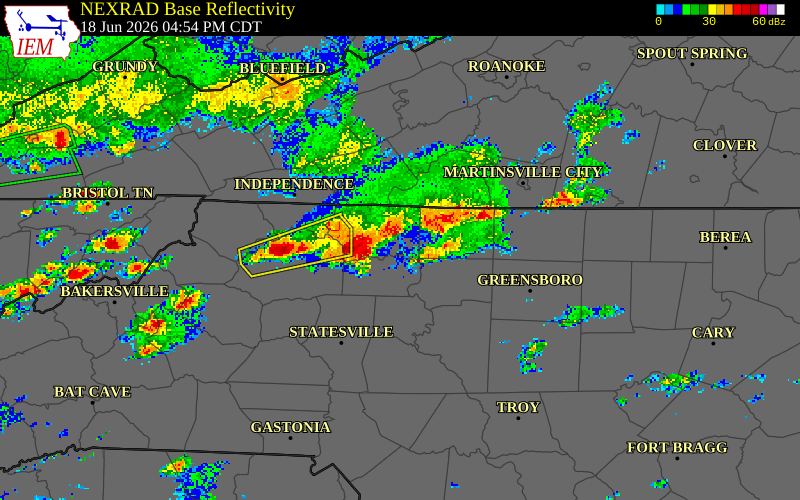 NEXRAD radar during the Thursday, June 18, 2026 storm activity in Yadkin County, North Carolina