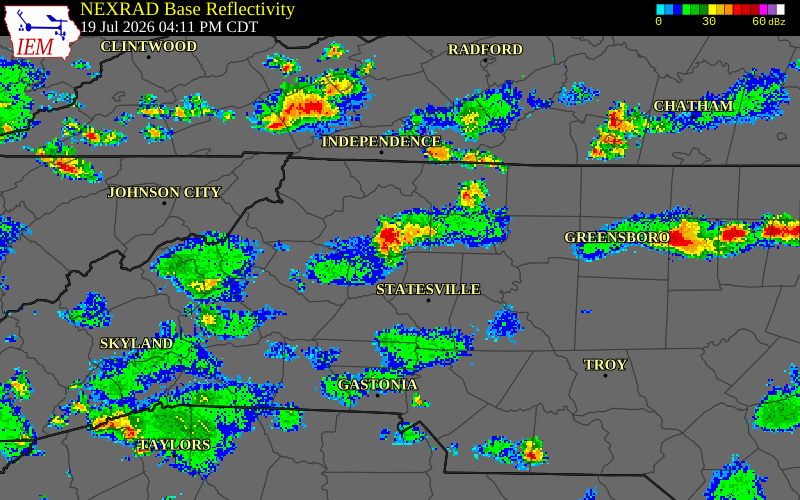 NEXRAD radar during the Sunday, July 19, 2026 storm activity in Yadkin County, North Carolina