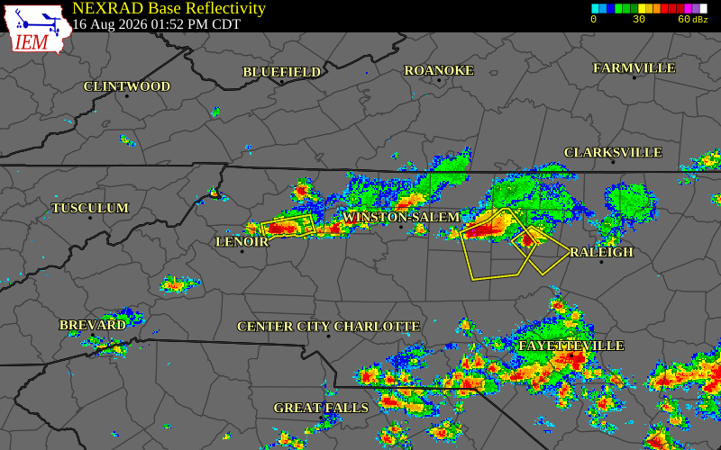Radar snapshot during the Aug 14, 2026 hail event near Yadkin County, Yadkin County, North Carolina, with NWS warning polygons