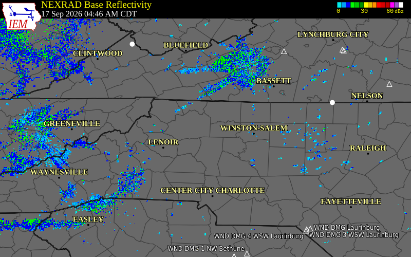 Current NEXRAD radar over Yadkin County, North Carolina with recent storm report locations