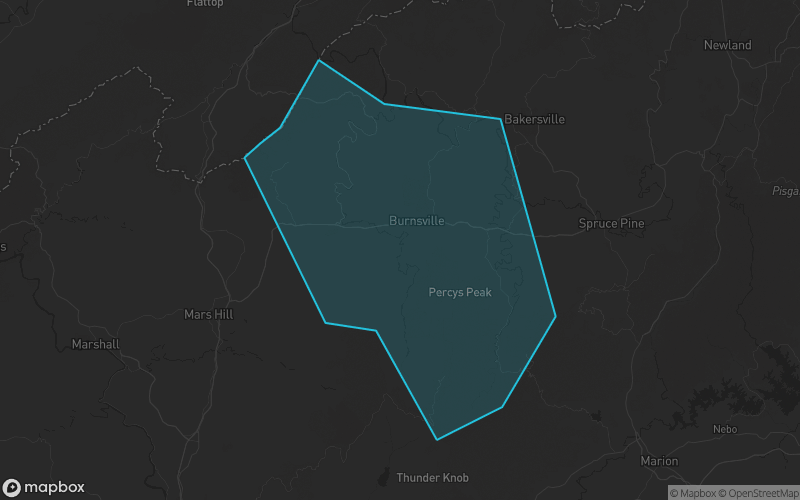 Map of Yancey County, North Carolina showing the county boundary and surrounding cities
