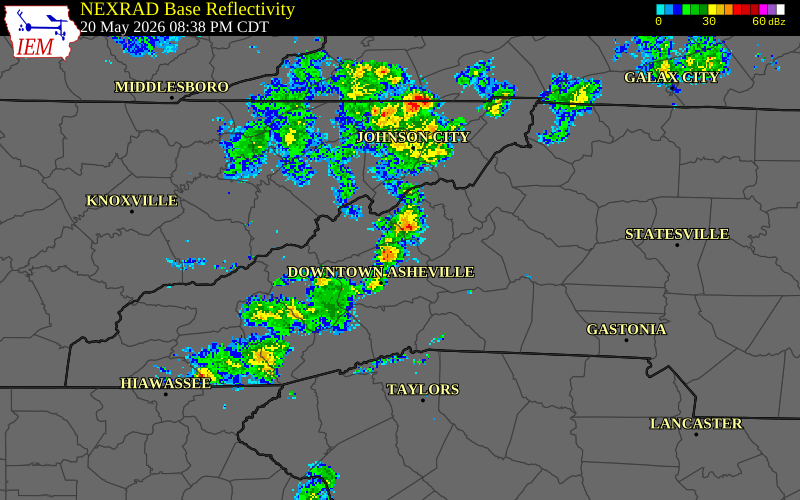 NEXRAD radar during the Wednesday, May 20, 2026 storm activity in Yancey County, North Carolina