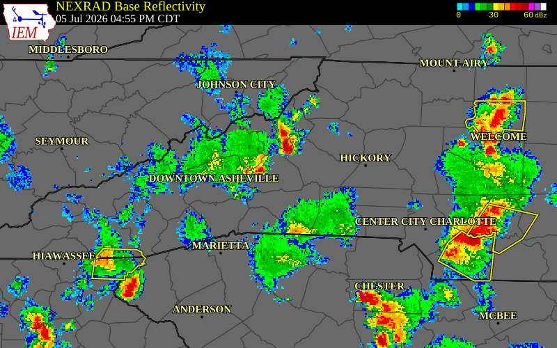 NEXRAD radar during the Sunday, July 5, 2026 storm activity in Yancey County, North Carolina