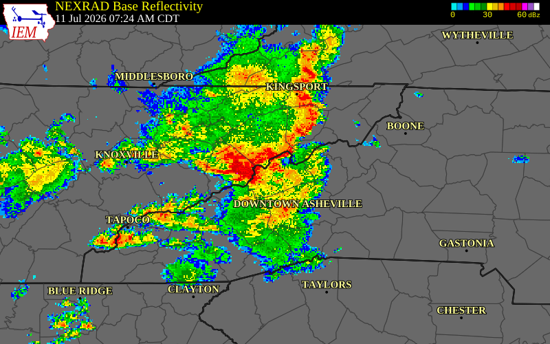 NEXRAD radar during the Saturday, July 11, 2026 storm activity in Yancey County, North Carolina