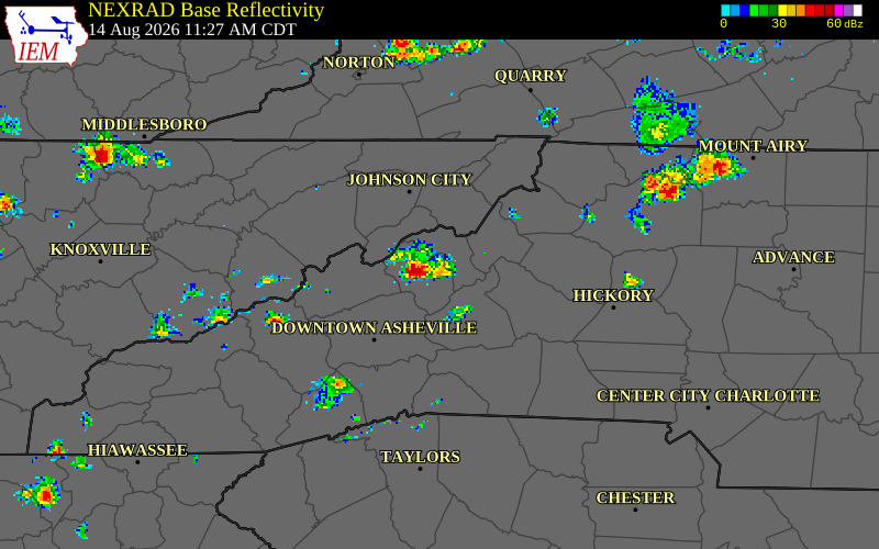 NEXRAD radar during the Friday, August 14, 2026 storm activity in Yancey County, North Carolina