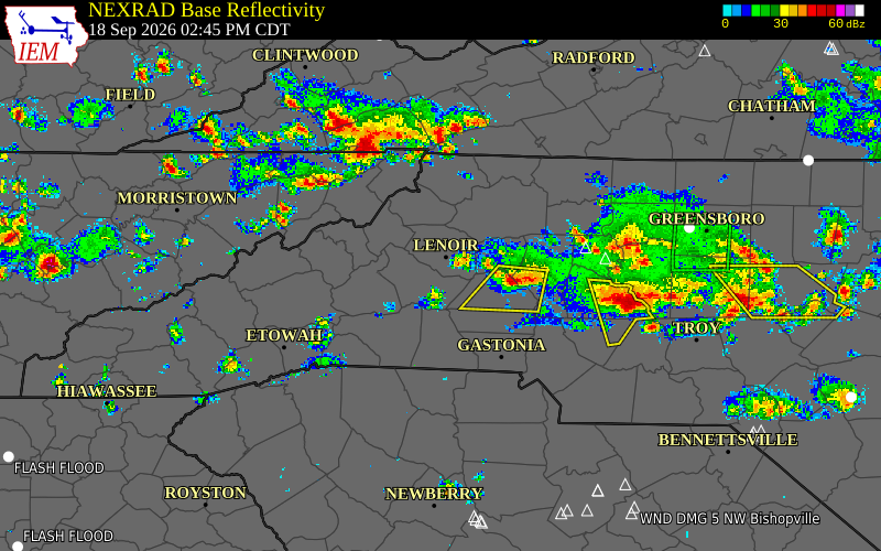 Current NEXRAD radar over Yancey County, North Carolina with recent storm report locations