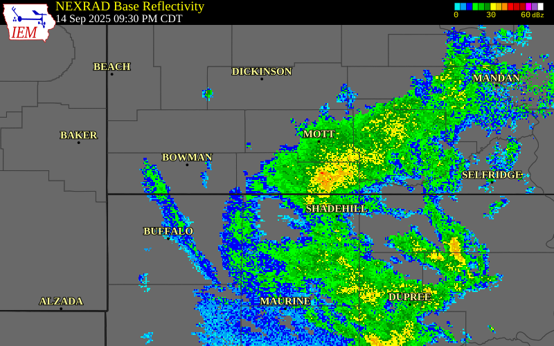 NEXRAD radar during the Sunday, September 14, 2025 storm activity in Adams County, North Dakota