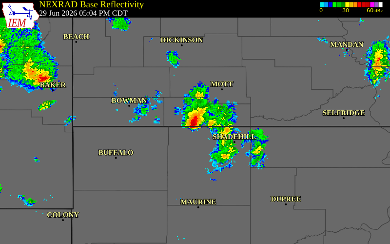 NEXRAD radar during the Monday, June 29, 2026 storm activity in Adams County, North Dakota