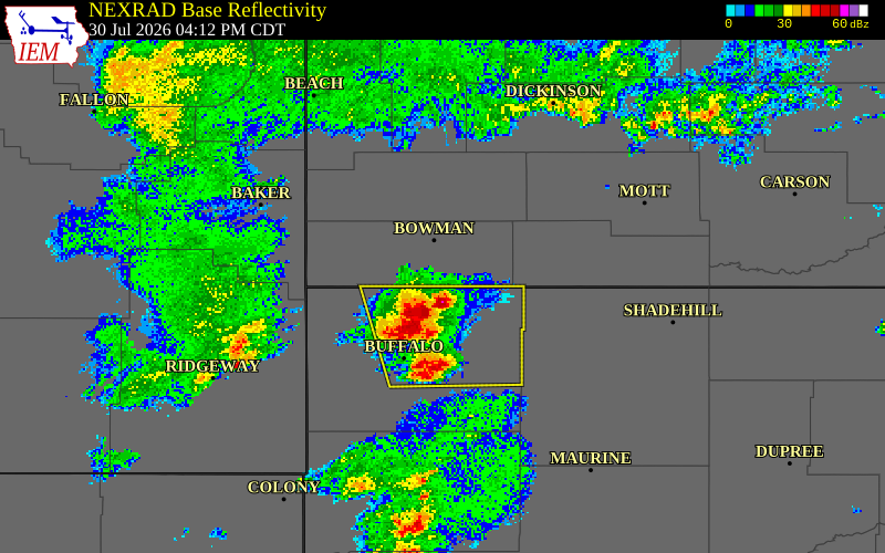 NEXRAD radar during the Thursday, July 30, 2026 storm activity in Adams County, North Dakota
