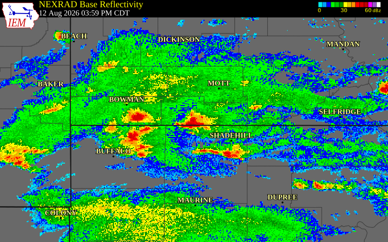 NEXRAD radar during the Wednesday, August 12, 2026 storm activity in Adams County, North Dakota