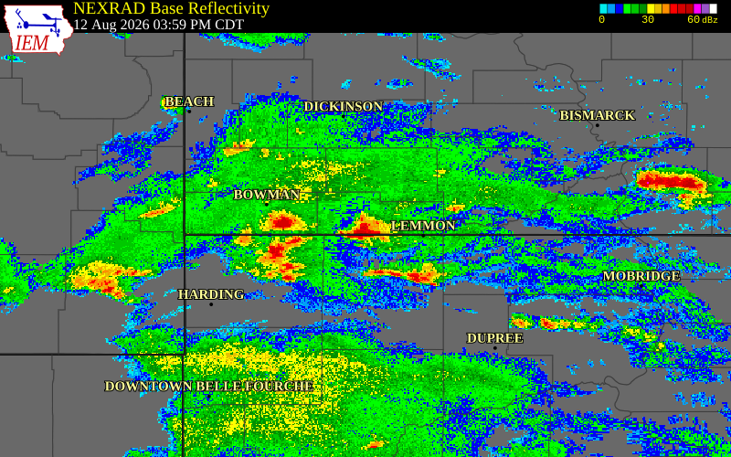 Radar snapshot during the Aug 12, 2026 wind event near Adams County, Adams County, North Dakota, with NWS warning polygons