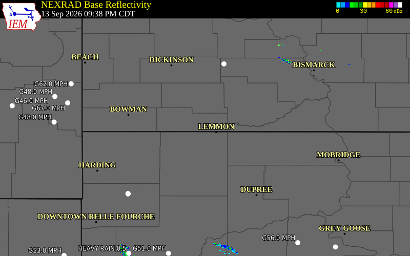 Current NEXRAD radar over Adams County, North Dakota with recent storm report locations