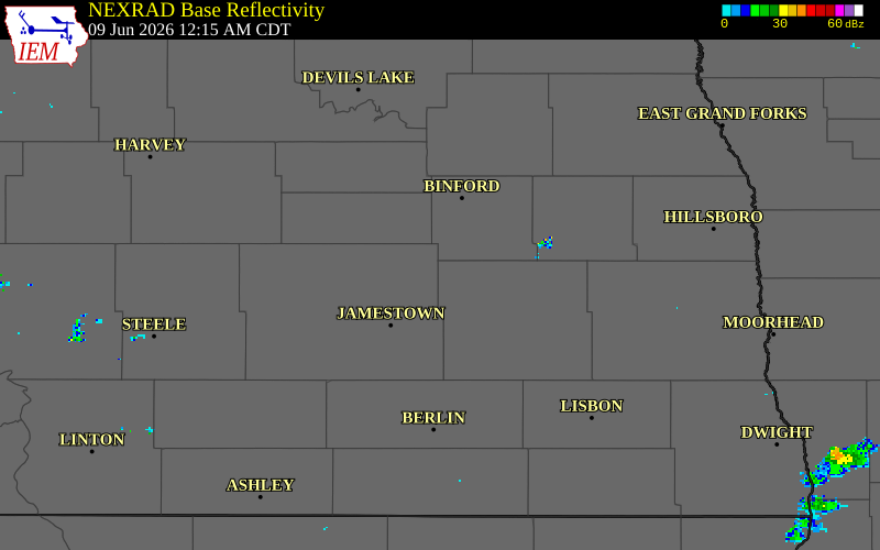 NEXRAD radar during the Tuesday, June 9, 2026 storm activity in Barnes County, North Dakota