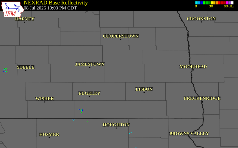 NEXRAD radar during the Wednesday, July 8, 2026 storm activity in Barnes County, North Dakota