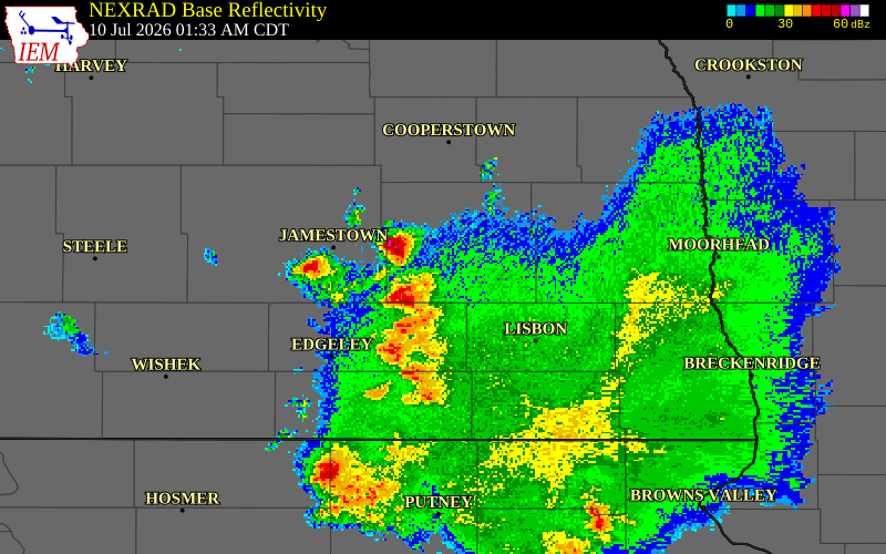 NEXRAD radar during the Friday, July 10, 2026 storm activity in Barnes County, North Dakota