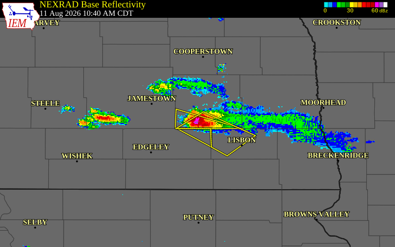 NEXRAD radar during the Tuesday, August 11, 2026 storm activity in Barnes County, North Dakota