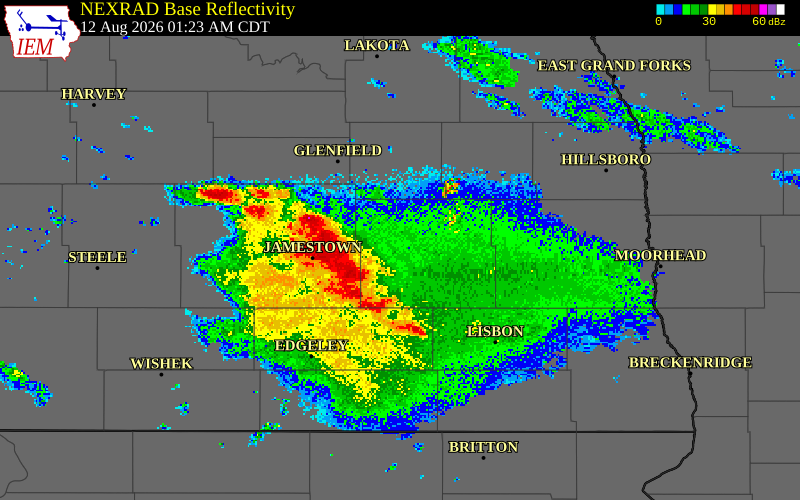 NEXRAD radar during the Wednesday, August 12, 2026 storm activity in Barnes County, North Dakota
