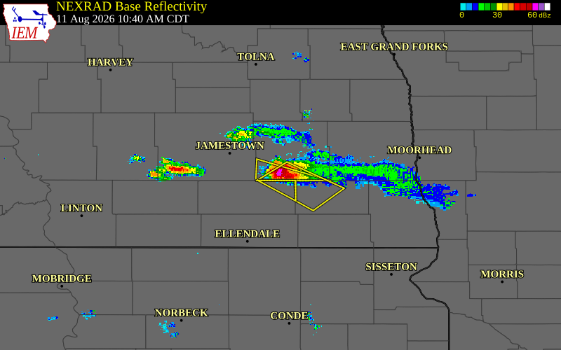 Radar snapshot during the Aug 11, 2026 hail event near 2 N Litchville, Barnes County, North Dakota, with NWS warning polygons