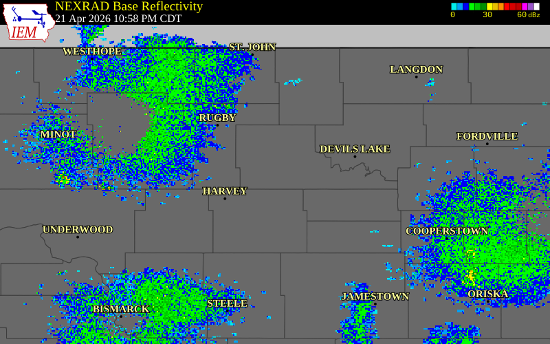 NEXRAD radar during the Tuesday, April 21, 2026 storm activity in Benson County, North Dakota