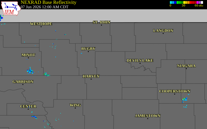 NEXRAD radar during the Sunday, June 7, 2026 storm activity in Benson County, North Dakota
