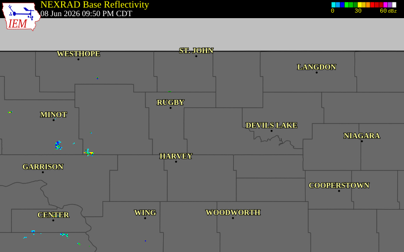 NEXRAD radar during the Monday, June 8, 2026 storm activity in Benson County, North Dakota