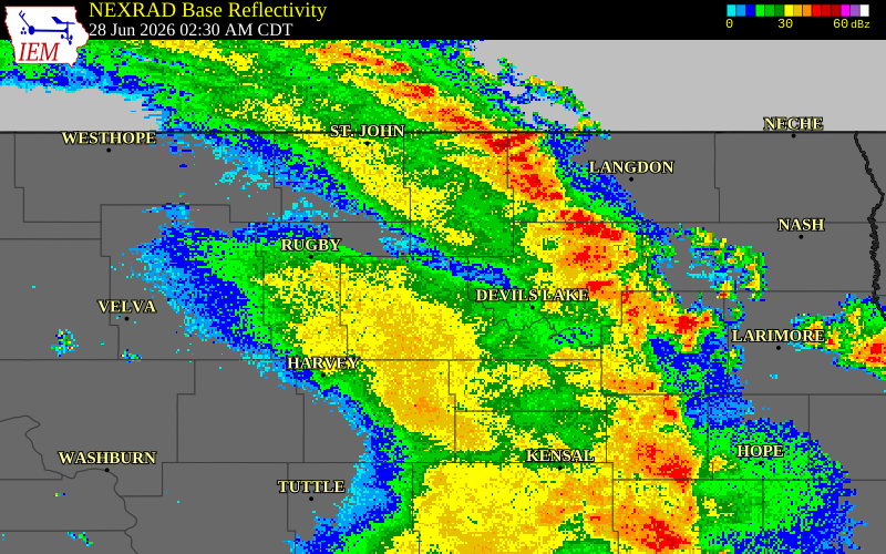 NEXRAD radar during the Sunday, June 28, 2026 storm activity in Benson County, North Dakota