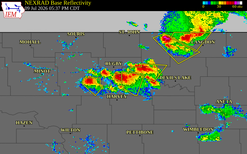 NEXRAD radar during the Thursday, July 9, 2026 storm activity in Benson County, North Dakota